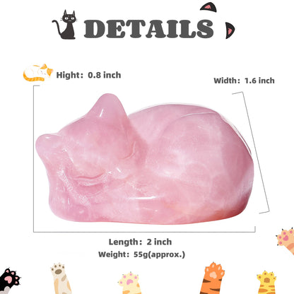 YATOJUZI 2" Cat Decors Statue Pink Home Office Desk Decor Rose Quartz Crystals Sleeping Cats Gemstone Hand-Carved Cute Crystal Animal Statues Figurine Kitten Ornaments Gifts for Women
