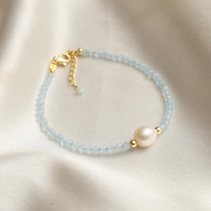 Gempires Aquamarine Gemstone Beaded Bracelet with Pearl Choker Crystal Jewelry March Birthstone Gifts Hypoallergenic Gold Plated Dainty Gifts for Women