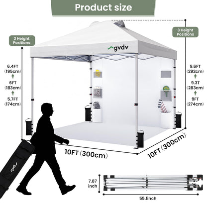 GVDV 10x10 Pop Up Canopy Tent with Pocket Sidewall, Beach Tent with One Push Setup, Outdoor Sun Shade for Events, Parties, Camping - Gazebo with Wheelbag and 4 Weight Bags, White, CP23
