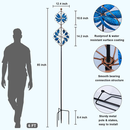 hogardeck Large Wind Spinner Outdoor, 85" Metal Kinetic Wind Spinner with Heavy-Duty Stakes, 360° Rotating Double-Layer Retro Yard Art for Home Outside Garden Lawn Backyard Patio Decor (Blue, Bronze)