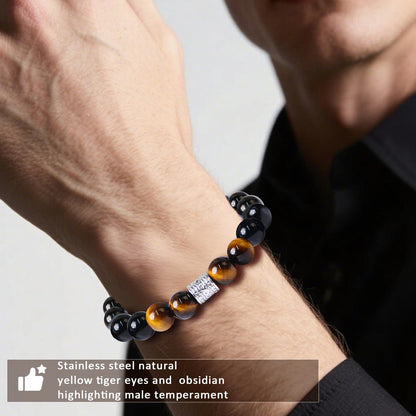 Tiger Eye Obsidian Beaded Bracelets For Men Gemstone Bracelets For Men &Women Fashion Natural Stone Men‘s Jewelry (yellow& black)