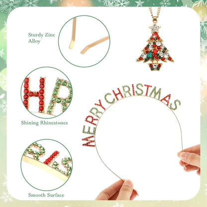 Quelay 16 Pcs Christmas Jewelry Set Include 8 Christmas Headbands 8 Pcs Xmas Necklaces Rhinestone Snowflake Deer Antlers Hairband Wreath Bell Necklace for Women New Year Party Favor Gift Accessory