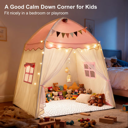 Kids Play Tent Indoor Teepee: Princess Castle Reading Nook with Mat Lights Carry Bag Mesh Windows Quick Setup for Bedroom Playroom Girls Ages 3-12 - 59x39x59 in