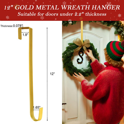 12" Metal Wreath Hanger for Front Door, Tools-Free Wreath Hanger Heavy Duty, Over-the-Door Hooks for Hanging Welcome Sign, Wreath Holder for Easter, Halloween, Fall, Christmas Decorations(Gold)