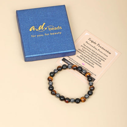 AD Beads Handmade Gemstone Stretch Elastic Bracelet Crystal Healing Reiki Nature's Beauty and Spiritual Essence Unisex (6mm, Triple Protection (Strong Protect))