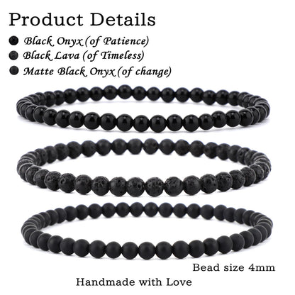 NCB 3-Piece 4mm Natural Crystal Gemstone Stretch Bracelets – ﻿Black Lava, Black Onyx, Matte Black Agate Handmade Reiki Energy Healing Jewelry for Meditation,Yoga, Unisex
