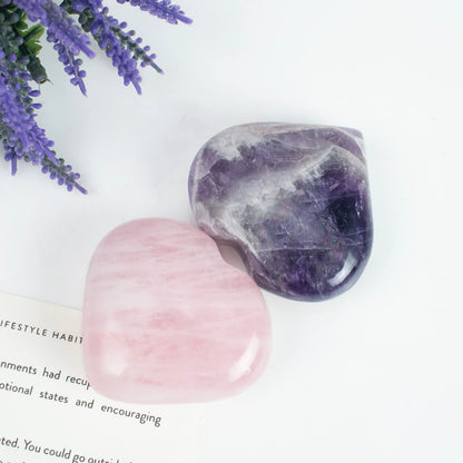 Crocon 2 pcs 50mm Crystal Heart Amethyst & Rose Quartz, (Set of 2) Healing Stone for Heart Chakra Crystal Heart Shape Love Heart Crystal Gift Pocket Stone Reiki Meditation Gift for him her