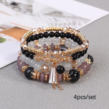LOTSOF Bohemian Green Jade Stackable Bracelet Set - 4-Layer Stretch Beaded Bracelets with Gold Accents, Boho Jewelry for Women, Fashion Statement Accessory (Gift Ready) (Black)