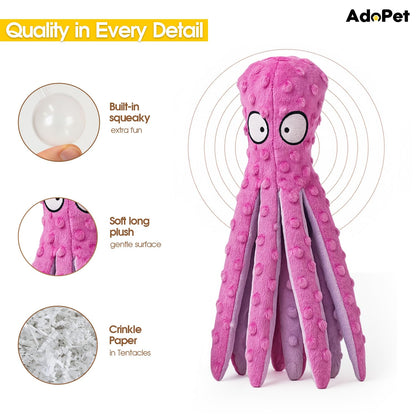 AdoPet Squeaky Octopus Dog Toy – No Stuffing, Crinkle Sound Plush Chew Toy for Small and Medium Dogs – Durable and Machine Washable – 2 Pack (Blue & Pink)