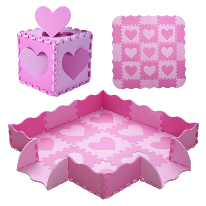 Tamiplay Foam Play Mat for Kids, 25pcs Square Interlocking Puzzle Floor Mat, Baby Toddler Playmat with Fence - Pink Heart