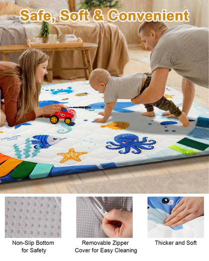 TINYHARBO Premium Foam Baby Play Mat 50x50, 4 Developmental Zones Play Mat with Removable & Machine Washable Cover, Extra Thick Padding Playpen Mat, Easy to Clean for Infants, Toddlers & Babies