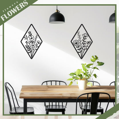 PullCrease 2 Pcs Metal Wall Art, Metal Flower Wall Decor, Modern Floral Art for Living Room, Bedroom, Bathroom, Rustic Farmhouse Decor, Sculpture Kitchen Decoration (Black)