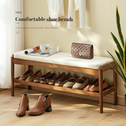 STDDRE Shoe Rack Bench Entryway Bamboo Shoe Storage Bench with Leather Cushion 2 Tiers Shoe Rack Entryway Bench for Hallway, Living Room,Bedroom(Beige Bench top+Brown Frame)