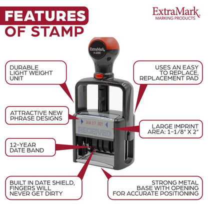 Heavy Duty Style Office Date Stamp with Received - Self Inking Dater - Style C - Blue & Red Ink Color