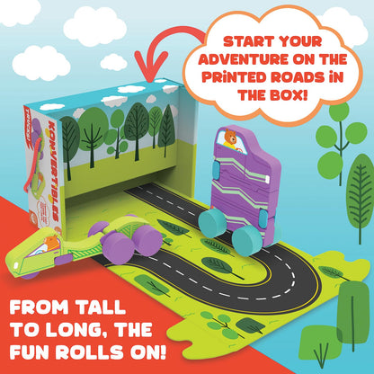 MindWare Konvertibles Transforming Wooden Trucks – 2‑Piece Flip‑&‑Change Vehicle Set with Carry‑Along Box That Becomes 3‑D Road Scene, Toddler Toy for Ages 18 Months +