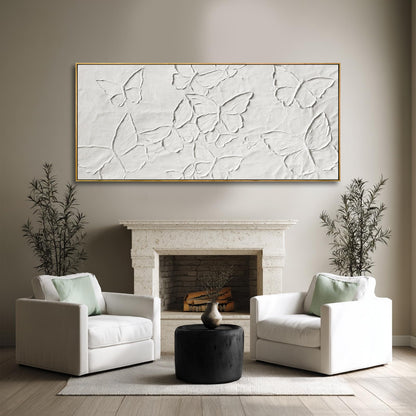 Hand-painted Butterfly Canvas Wall Art, 32x70 Inch White Abstract Framed Artwork for Living Room Decor