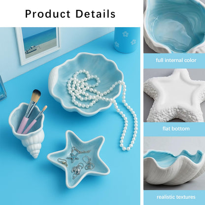 GeryVtee 3 Pcs Starfish Shape Ceramic Jewelry Tray Aqua Shell Trinket Dish Conch Shape Ceramic Jewelry Tray Ring Earring Holder Ocean Themed Trinket Plate Decorative Earring Rings Bracelet
