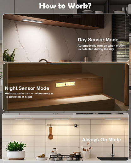 SZOKLED 58-LED Under Cabinet Lighting Wireless, RGB Motion Sensor Night Lights, 1100mAh Magnetic Under Cabinet Lights for Kitchen, Shelf, Stair, 15 Color (4 Pcs)