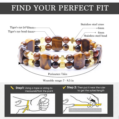 Christian Gifts for Men, Jesus Cross Bracelet for Men Handmade Double Elastic Beaded Bracelets Natural Crystal Gemstone Religious Jewelry for Boyfriend Husband Birthday Anniversary (Tigers Eye)