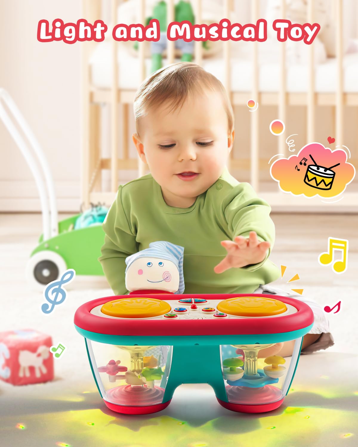 Baby Toys for 6 to 12 Months, Drum Musical Instruments Rotating Light Up Toy for 12-18 Months Kids, Tummy Time Toys for Baby 0-3-6-9 Month, Walker for Baby Boy Girl Toys 1 Year Old (Blue)