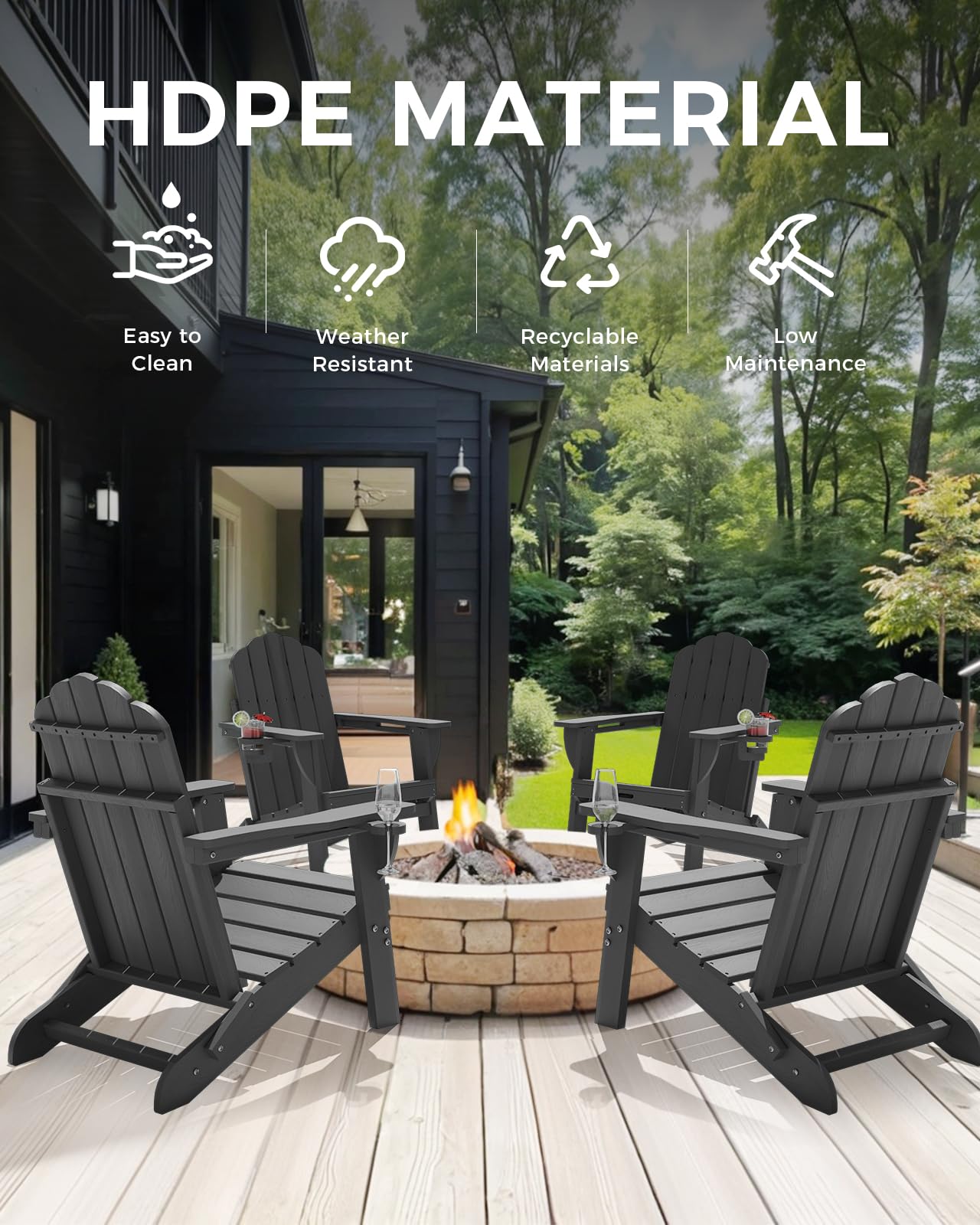 Eesdom Folding Adirondack Chair, HDPE Adirondack Chair with 2 Cup-Holders, Outdoor Chairs for Poolside, Garden, Patio, Grey