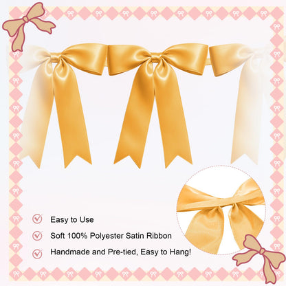 1 String of 8PCS Golden Bow Garland Banner Decoration,Pre-Strung Satin Ribbon Ornaments for Birthday,Bachelorette Party,Bridal Shower,Wedding,Engagement,Baby Shower,Graduation Decor,Anniversary