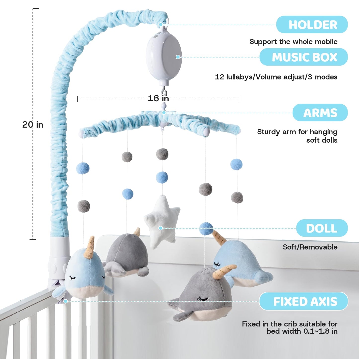 Crib Mobile for Boys and Girls, Whale Mobile Set with Mobile Arm and 12 Lullabies for Baby, Ocean Animal Nursery Decor, Bedside Bassinet Hanging Toys with Music (Narwhal)
