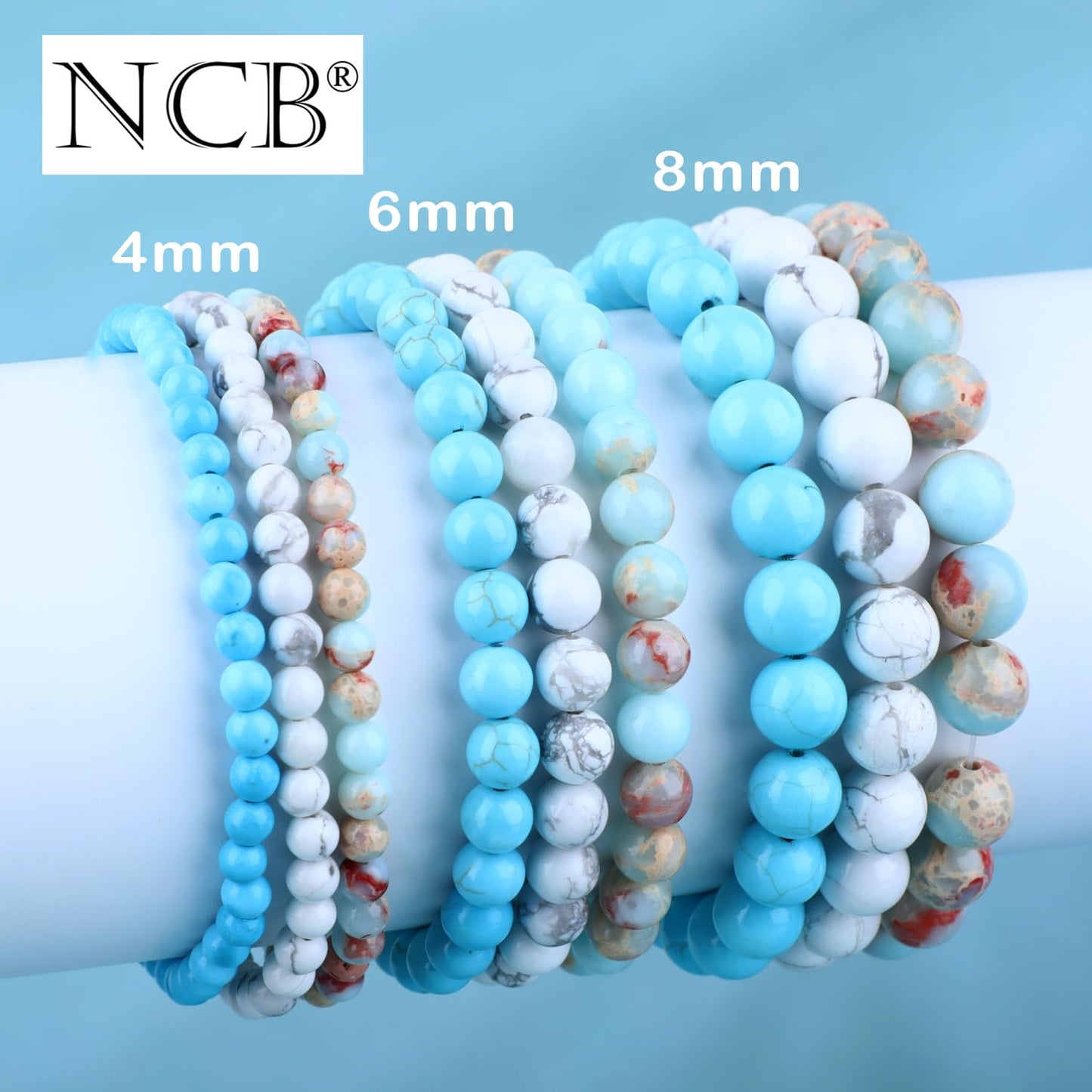 NCB 3-Piece 8mm Natural Crystal Gemstone Stretch Bracelets – ﻿Agalmatolite Jasper, Blue Turquoise, Howlite Handmade Reiki Energy Healing Jewelry for Meditation,Yoga, Unisex
