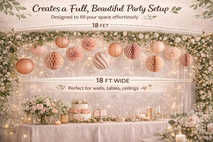 Decorative Paper Pom Poms and Lanterns Set, Rose Pink and White, Party Hanging Decor for Celebrations and Events