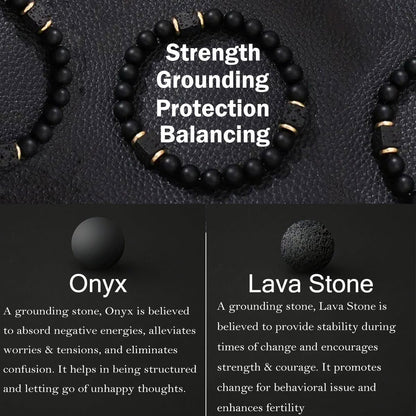 B-JWYFY Elastic Adjustable Mens Bracelet - 8mm Black Onyx & Lava Stone Beads Bracelets Jewelry Gift for Men, Beads Charm Bracelet with Elastic Cord, Birthday Gifts for Him Dad Husband