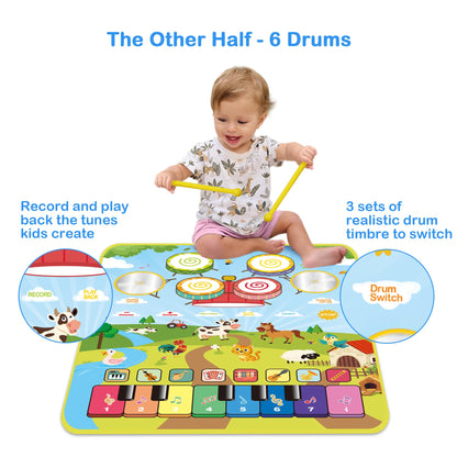 Foki Piano Mats, 3-in-1 Animal Musical Play Mat with Piano & Drum for Montessori Sensory Early Educational Musical Learning Toys, Ideal Birthday Toy for Baby Girls, Boys, Toddlers, Ages 1-5 Years Old