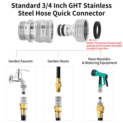 FLMQS Garden Hose Quick Connector - 3/4" GHT Solid Stainless Steel Water Hose Quick Connect, Leak-Proof Male & Female Fittings(3 Set)