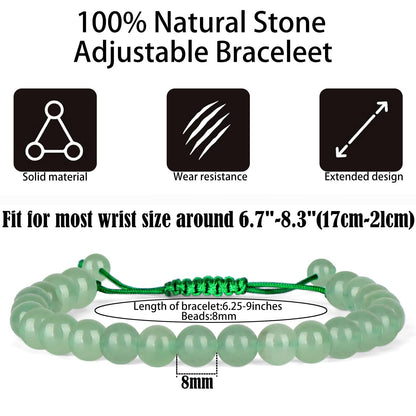 QOGIR Handmade Healing Stones Bracelet,8mm Natural Green Aventurine Gemstone Beads Bracelet,for Men Women Gifts with 2PCS Size Adjustable Rope Bracelets