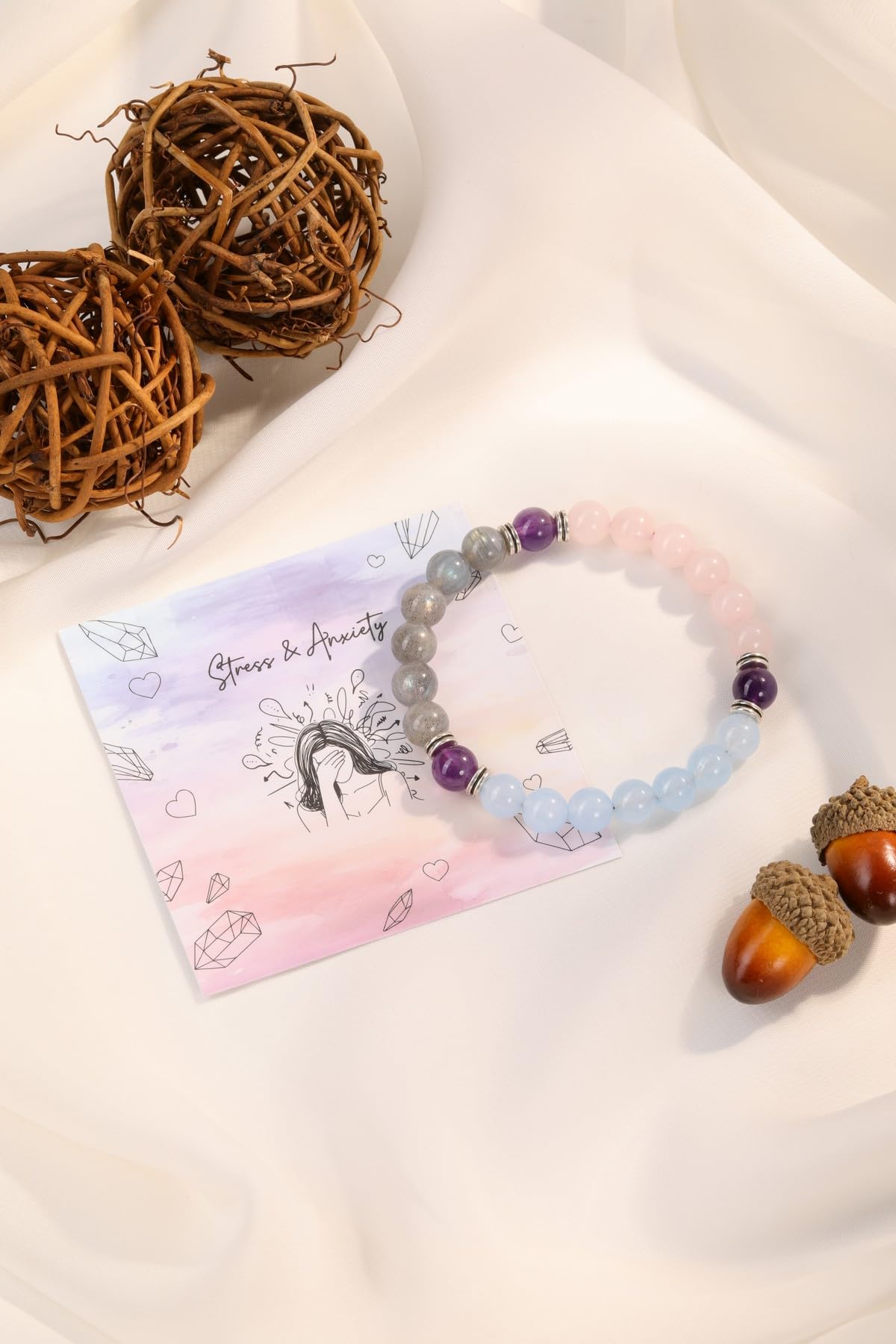 Jovivi Healing Crystal Beaded Bracelet for Women Anxierty Relief Natural Rose Quartz Labradorite Yoga Beads Chakra Bracelet Handmade Triple Protection Good Luck Jewelry Gift