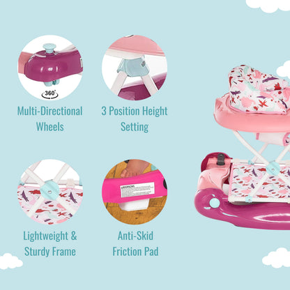 Dream On Me Baby Steps Baby Walker in Pink, Adjustable Three Position Height Setting, Removable Tray, Easy to Fold and Store Baby Walker