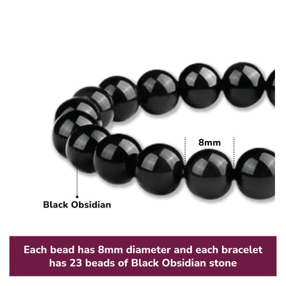 Crystal Vibe Black Obsidian Bracelet - Healing Crystal Bracelet for Spiritual Healing Positive Energy Stress Relief– 8mm Round Black Beaded Bracelets for Women Men - Elastic Adjustable Size