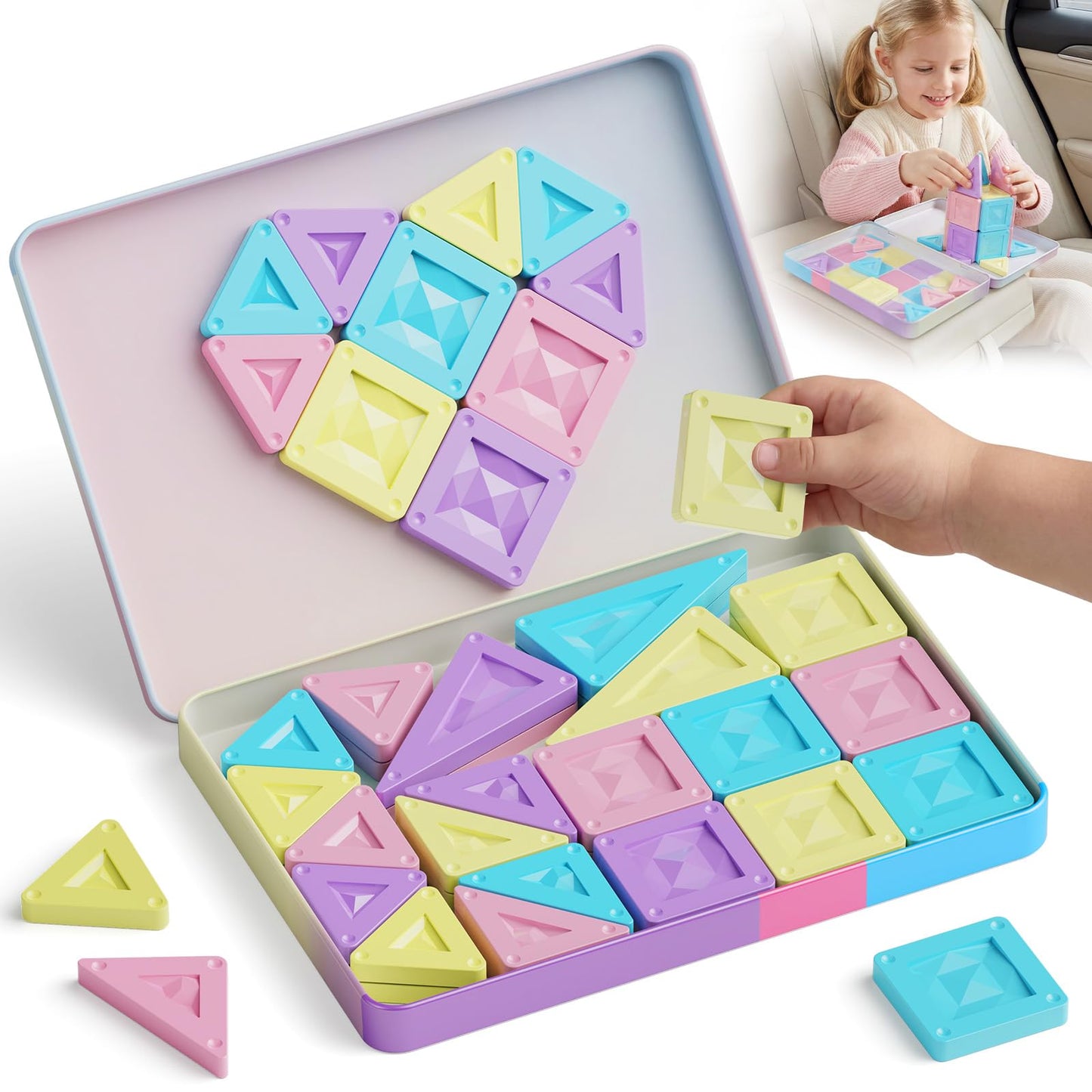 STEM MATCH Mini Magnetic Tiles Girls Travel Set: 40 PCS Macaron Building Block with Tin Box - 90 Mins Quiet Play 45s Cleanup - Fly Trip Road Trip Toys for Kids Age 3 4 5 6