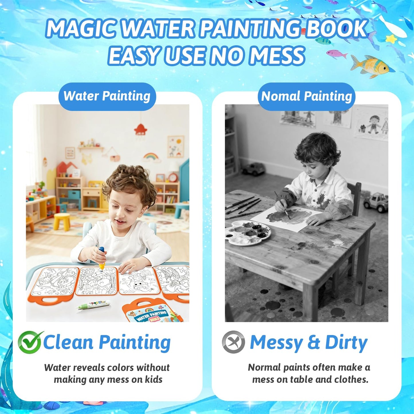 Usmfuie 3 Pcs Reusable Water Painting Book for Toddlers, Water Coloring Books for Kids, Paint with Water Books, Magic Water Color Paint Book with Pen, Water Doodle Book Travel Toys