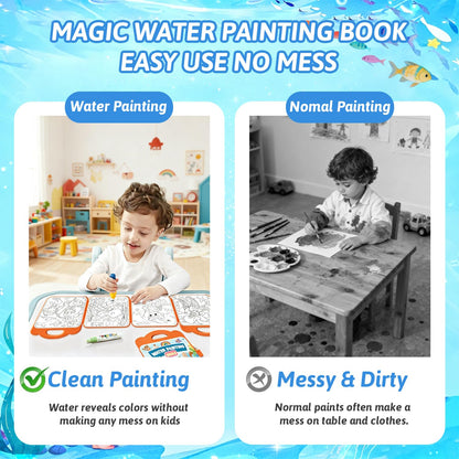 Usmfuie 3 Pcs Reusable Water Painting Book for Toddlers, Water Coloring Books for Kids, Paint with Water Books, Magic Water Color Paint Book with Pen, Water Doodle Book Travel Toys