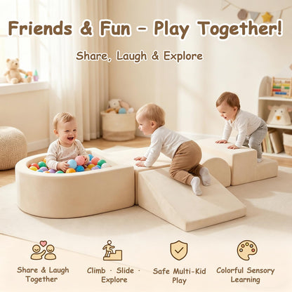 Tiita Foam Climbing Blocks with Small Ball Pit Playground for Baby, Climb and Crawl Playset 5-Piece - Indoor Soft Play Climber for Playtime Fun, Beige
