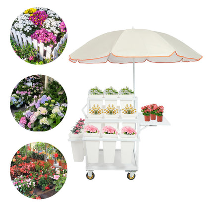 Flower Stand Cart with Large Umbrella 5x5.8ft, 110lb Capacity Metal Flower Bar with Wheels, Flower Plant Stand with 18 Buckets, 3 Tier Rolling Stand Cart for Indoor Outdoor Patio Garden Florist (Silver White)