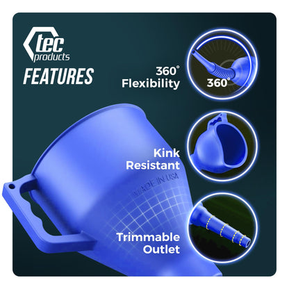 TEC Products FlexAll Long Flexible Funnels - Automotive Oil Funnel with Hose, Durable Nitrile Rubber for Oil Change, Transmission Funnel Fluid, Diesel, Fuel, Gas - Made in USA - Blue (12 x 4 Inches)