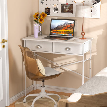 DAOUTIME Small Writing Desk for Kids Bedroom, 31.5 Inch White Computer Desk for Small Spaces, Simple Desk with 2 Fabric Drawers for Home Office, Dorm, Living Room, Home Study Table, White