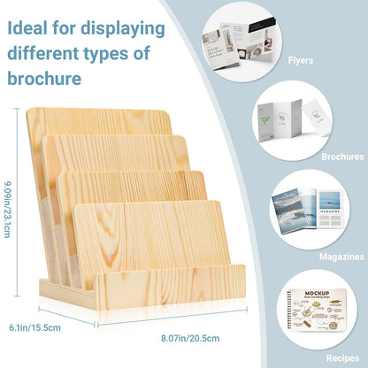 HKSZEH Pine 8.5×11 Inch Magazine Display Stand 4-Tier For 6×9 inch Literature Organizer Brochure Pamphlet Flyer Menu Holder Countertop Stand For Office Home