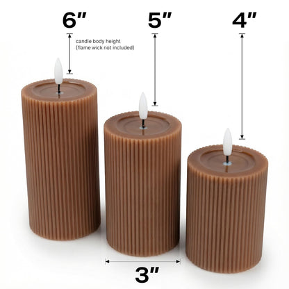 WYZworks Fluted Ribbed LED Pillar Candles, Brown, with Realistic Reflective Melted-Wax Effect – Flickering Flame, Remote, Dimmable, Flameless, Battery Operated, Home & Wedding Decor (Set of 3)