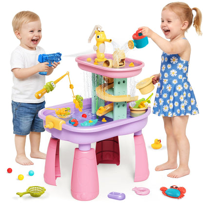 CRATIVWOOD Toddler Water Table for Kids - Sand and Water Table with 28PCS Toy Accessories & Rain Shower Sprinkler, Outdoor Sensory Water Play Table, STEM Toy Summer Gift for Boys Girls Ages 3-8