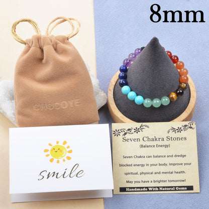 CHCCOYE 8mm Handmade Adjustable Natural Gemstone Crystal Bracelet Healing Power Energy Inspirational Gifts with Card for Unisex (Seven Chakra Stones)
