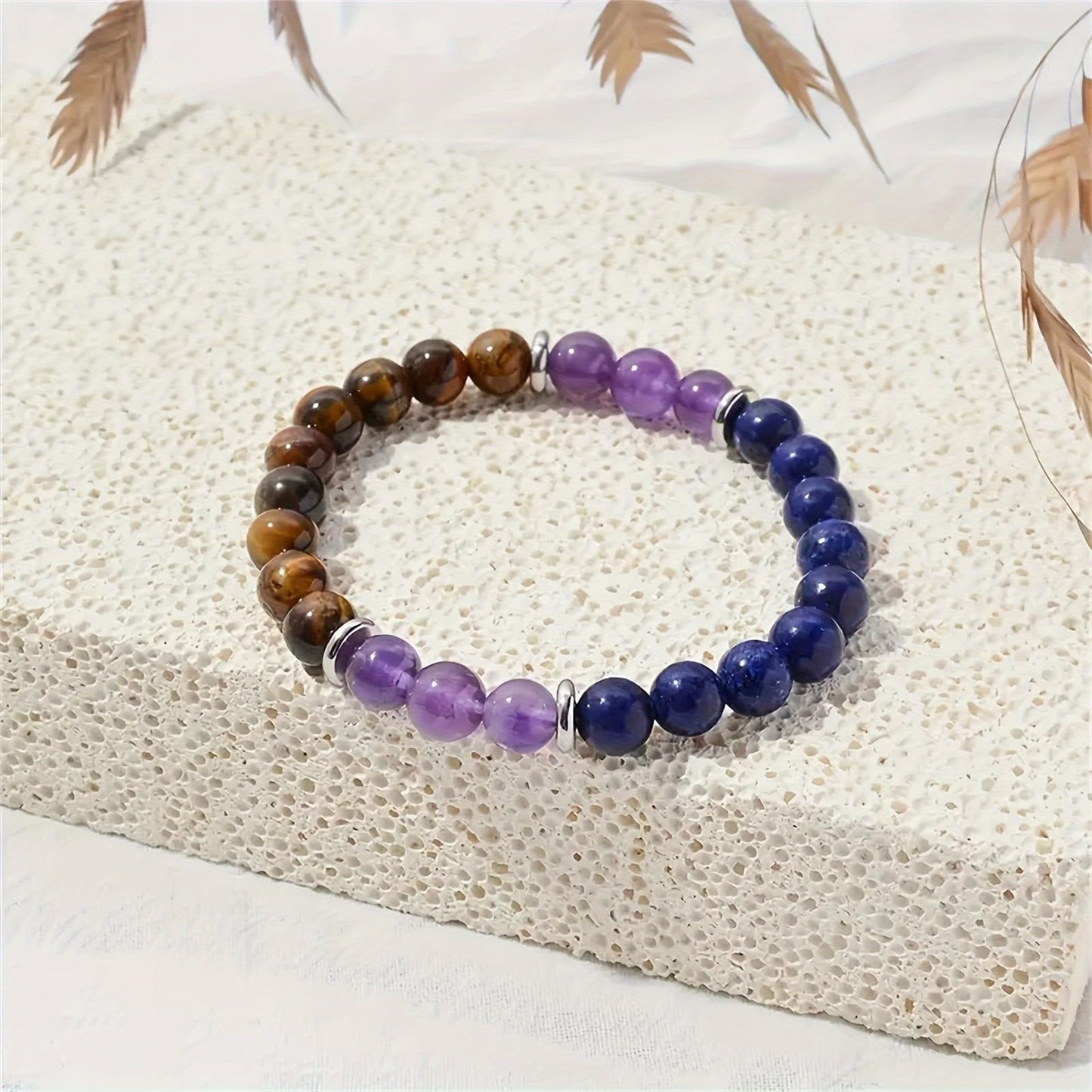 KONPJE Anxiety Beaded Bracelet for Women Natural Healing Crystal Bracelets Yoga Beads Chakra Bracelets Triple Protection Handmade Stretch Fidget Tiger Eyes Bracelet for Men Good Luck Jewelry (Purple)