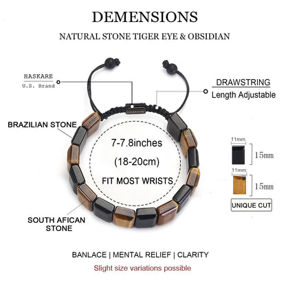 HASKARE Natural Stone Beads Men Bracelet Energy Flatbead Bracelet Genuine Tiger Eye Black Obsidian Beaded Crystals Handcrafted Adjustable Protection Jewelry for Dad Brother Husband
