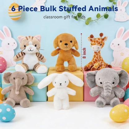 AmyToo 6 Pcs Stuffed Animals Bulk, 8 Inch Small Stuffed Safari Animals, Zoo Stuffed Animals Set (Cat Dog Elephants Giraffe Bunny) Baby Shower Party Decor, Easter Gift for Classroom Kids, Teens, Girls